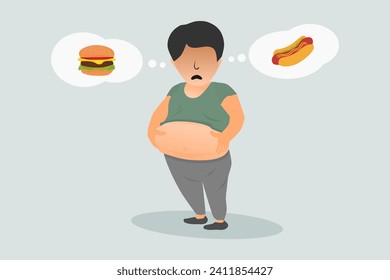 A fat pot-bellied man. An overweight man holding his stomach. Vector illustration.