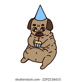 Ein dicker Pug in einem Geburtstagshut hält einen Kuchen.  Illustration einer Umarmung anlässlich eines Geburtstags