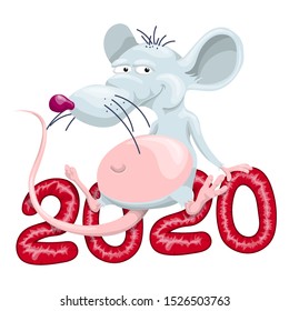 The fat rat is sitting on 2020. Vector illustration in cartoon style.