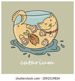 Fat red cat in the aquarium in doodle style