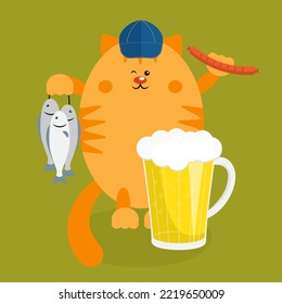 A fat red cat in a baseball cap with a glass of beer, fried sausage and fish. For the design of postcards, congratulations, invitations.Vector illustration.