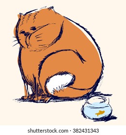 Fat red cat and gold fish 