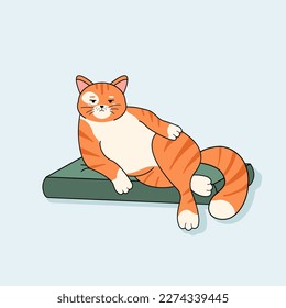 El gato rojo gordo descansa sobre la cama. Ilustración plana del vector