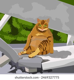 A fat red cat is sitting on a broken concrete bench. The illustration is made mostly in warm colors. The picture conveys laughter, despair, surprise.