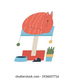 
The fat red cat is sleeping on the scratching post. Cat's corner - couch, scratching post, food and pot with flower on white background. Flat style, vector 
