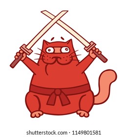 Fat red ninja cat with two crossed swords. Vector illustration. Funny cartoon character.