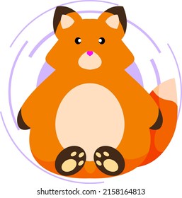 A fat red-haired cartoon fox. Dark paws and ear tips, small black eyes, a long tail with a white tip, a small pink nose. He sits and looks straight