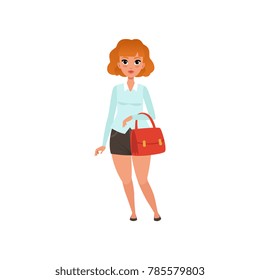 Fat red-haired lady with handbag. Cartoon character of caucasian wearing short black skirt and blue blouse. Full-length portrait. Colorful flat vector design
