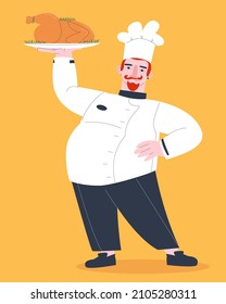 Un tío gordo de pelo rojo es cocinero. El hombre sostiene el pájaro terminado en una bandeja. El pavo festivo del chef. Ilustración vectorial plana