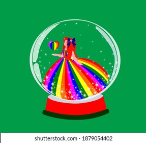 A fat red-haired woman in a rainbow dress with a blue bow and heart is isolated in a glass ball with sparks and sequins.