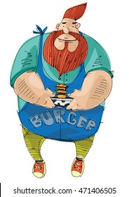 Fat redhead bearded cook is holding hamburger in his hands. Cartoon. Caricature