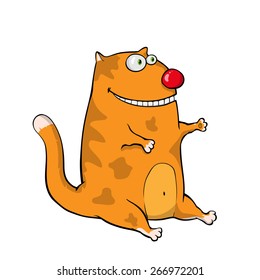 Fat redhead cheerful cartoon cat with big red nose and white paws sit on the floor.