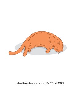 Fat redhead satisfied well fed cat lying on the mat. Domestic ginger pet vector illustration on white background.