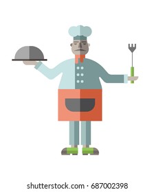 Fat restaurant chef with prepared dish and fork in his hands. Vector illustration in flat style, isolated on white background.