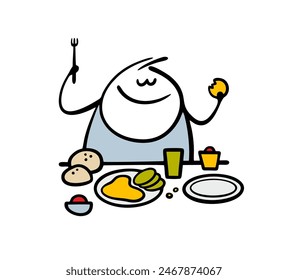 Fat restaurant customer is sitting at a table, holding a fork. Vector illustration of lunch and lots of food. Isolated cartoon funny character hand drawn on white background.