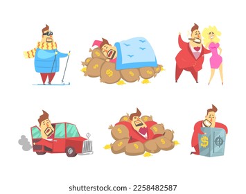 Fat Rich Millionaire Man in Red Suit Sleeping on Money Sacks, with Blond Woman, Embracing Safe Box, Driving Car and Skiing Vector Set