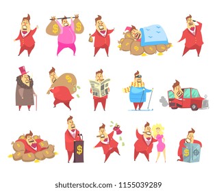 Fat rich millionaire men in red suit, funny capitalist character in different situations vector Illustrations on a white background