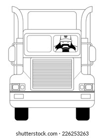 Fat round flat cartoon style black beard truck driver. In trucker cap sitting inside big cargo car. Line-art illustration isolated on white