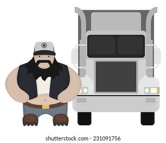 Fat round flat cartoon style black beard truck driver. In trucker cap standing near big cargo car. Color no outline illustration isolated on white