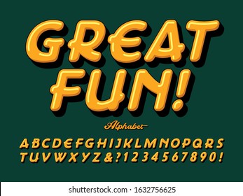 A fat and rounded font. Great Fun is a 3d effect alphabet with a zany and silly vibe. Bright yellow and black on green with line highlights gives this lettering a cartoon style feel. - Shutterstock ID 1632756625