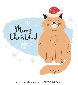 Gato triste gordo en el sombrero de Papá Noel. Feliz tarjeta de felicitación de Navidad. Ilustración vectorial con mascota linda