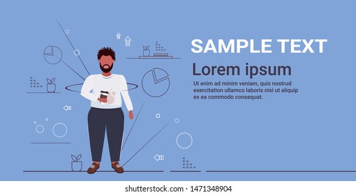 fat sad guy spilling coffee on white shirt obesity concept sad overweight african american man with stain on his clothes standing pose full length horizontal copy space