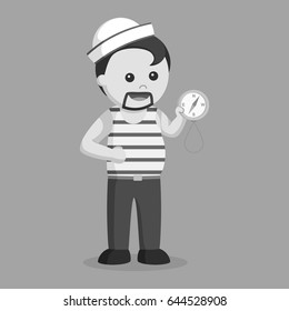 fat sailor holding compass black and white style