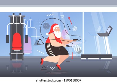 fat santa claus doing exercises with jumping rope overweight bearded man training workout weight loss concept christmas new year holidays celebration modern gym interior horizontal vector illustration