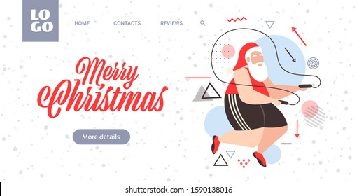 fat santa claus doing exercises with jumping rope overweight bearded man training workout weight loss concept christmas new year holidays celebration greeting card horizontal vector illustration