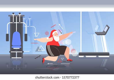fat santa claus doing squat exercises overweight bearded man training workout weight loss concept christmas new year holidays celebration modern gym studio interior horizontal full length vector