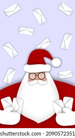 Gordo Santa Claus en mittens, que recibe pedidos de niños por correo. Antecedentes navideños de letras con sueños. Cumplimiento de los deseos para el nuevo año. Un abuelo con barba blanca y gafas