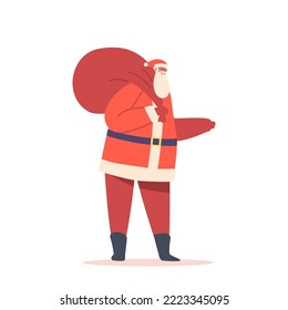 Fat Santa Claus in Red Traditional Costume Carry Sack with Gifts Waving Hand Isolated on White Background. Winter Season Holidays Merry Christmas and Happy New Year Wishes. Cartoon Vector Illustration