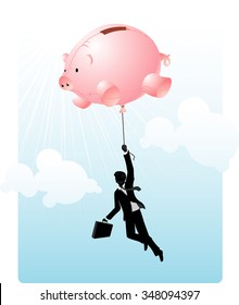 Fat Savings Will Take You Places-Abstract corporate concept, a man hanging on a large piggy bank balloon