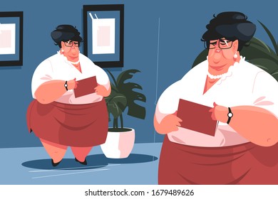 Fat secretary in office vector illustration. Ugly woman in glasses at workplace. Assistant manager with bad figure in skirt and blouse holding paper folder flat style design