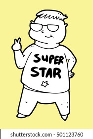 A fat selfish rich boy with heightened self-esteem wearing t-shirt with printed inscription "super star" and sun glasses 