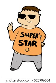 A fat selfish rich boy with heightened self-esteem wearing t-shirt with printed inscription "super star" and sun glasses