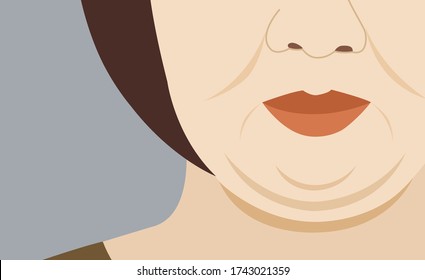 Fat senior woman face with a double chin wrinkles and skin imperfection close up flat graphic vector illustration