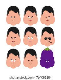 Fat set emotion avatar. sad and angry face. guilty and sleeping. Stout guy sleeping emoji face. Ewe Eggplant. Vector illustration