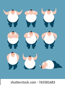 Fat set poses and motion. Stout guy happy and yoga. Big man sleeping and angry. guilty and sad. Vector illustration