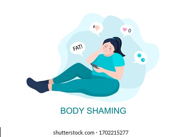 Fat shaming or body shaming situation. Overweight curvy woman recieve a shameful comments and dislikes. Vector illustration