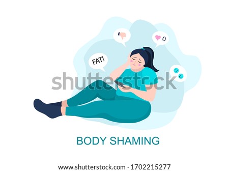 Fat shaming or body shaming situation. Overweight curvy woman recieve a shameful comments and dislikes. Vector illustration