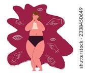 Fat shaming, bullying concept. Flat cartoon colorful vector illustration, Sad young woman standing with many fingers pointing at her.
