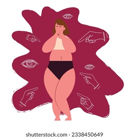 Fat shaming, bullying concept. Flat cartoon colorful vector illustration, Sad young woman standing with many fingers pointing at her.