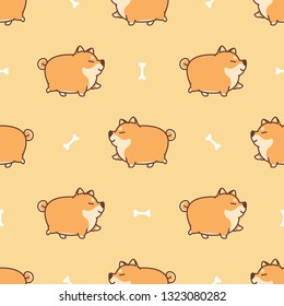 Fat Shiba Inu Dog Walking Cartoon Seamless Pattern, Vector Illustration