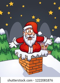 Fat shocked cartoon Santa Claus stock in chimney.  Vector clip art illustration with simple gradients. Some elements on separate layers. 
