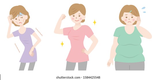 fat, skinny and healthy young women illustration. Health and body care concept