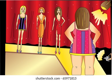 fat and skinny models on stage vector illustration
