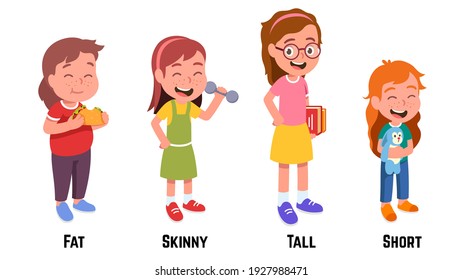 Fat, skinny, tall, short girls standing eating taco, holding dumbbell, books, toy rabbit. Kids of different height, weight, body types. Children cartoon characters set. Flat vector illustration