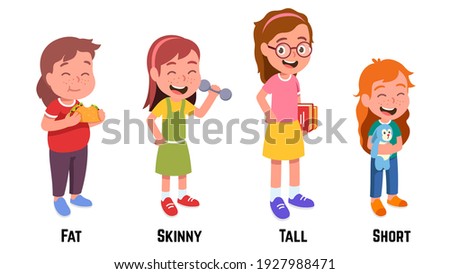 Fat, skinny, tall, short girls standing eating taco, holding dumbbell, books, toy rabbit. Kids of different height, weight, body types. Children cartoon characters set. Flat vector illustration