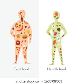 Fat and slender man vector illustration. Healthy food vs fastfood. Healthy and unhealthy nutrition. Human body and junk food vs balanced menu.